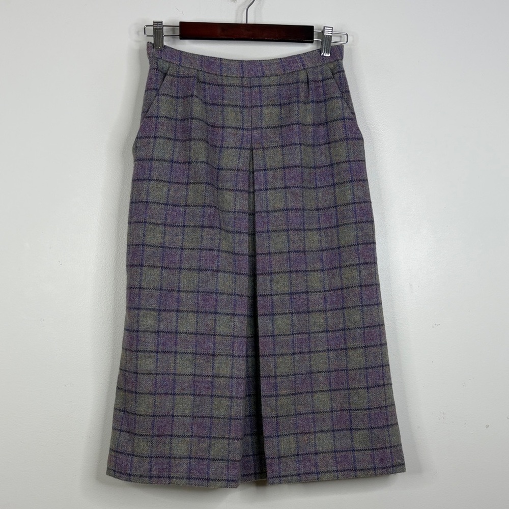 Vintage Wool Skirt Womens Small Gray Purple Check Pleat Midi Pockets Made in UK